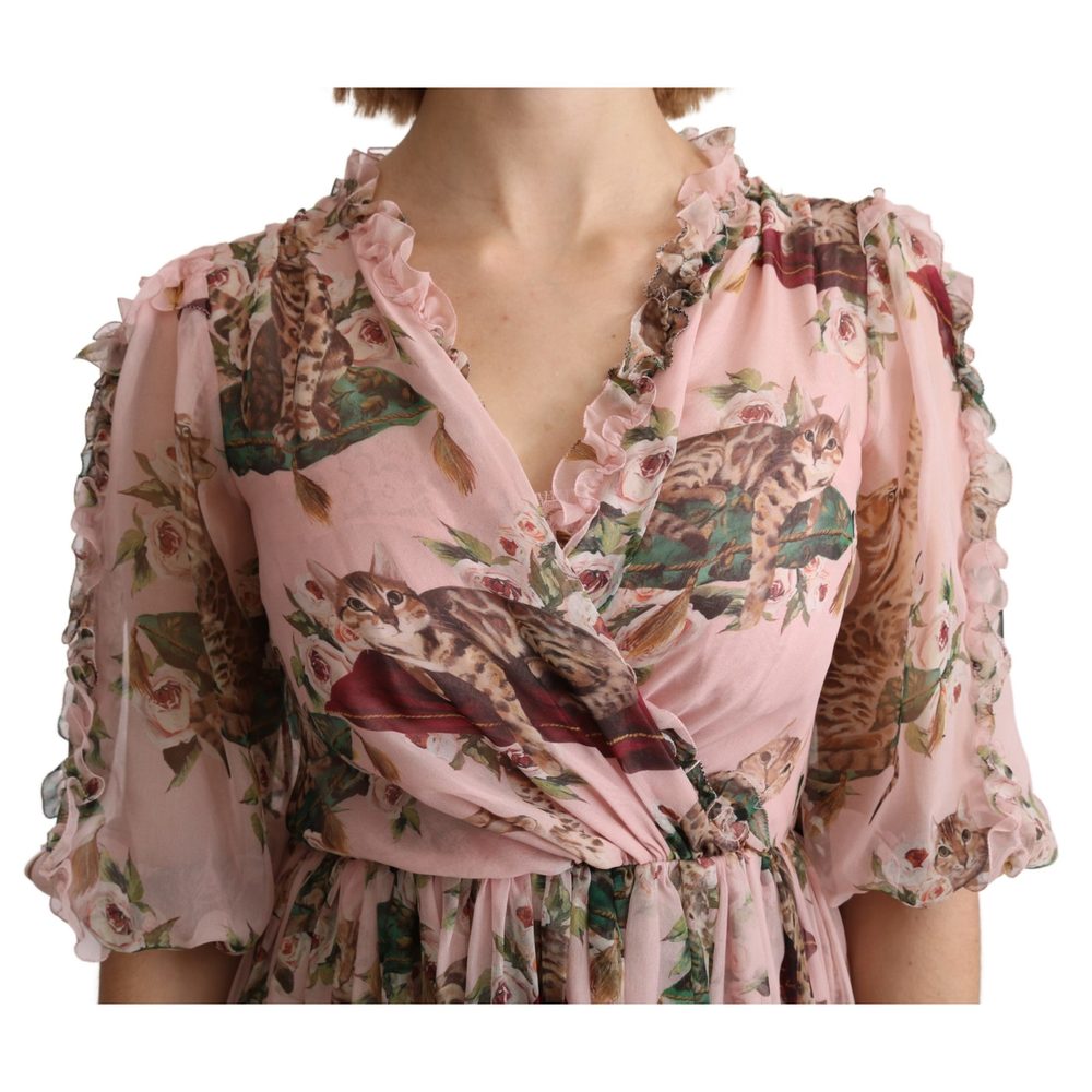 Dolce & Gabbana Pink Bengal Cat Print A-line Maxi Silk Dress - Picture 5 of 5